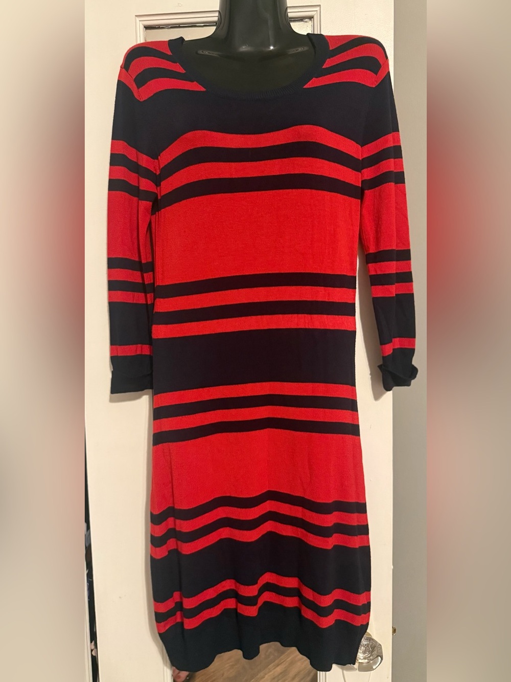 French Connection Red Black Striped Long Sleeve Bodycon Knit Sweater Dress 6